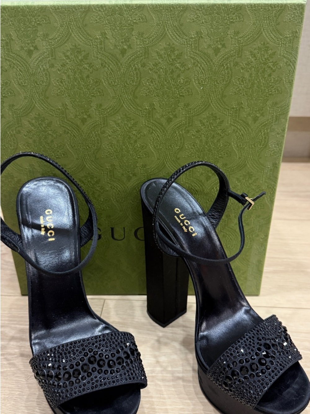 Gucci Black Crystal-Embellished Block Heel Sandals